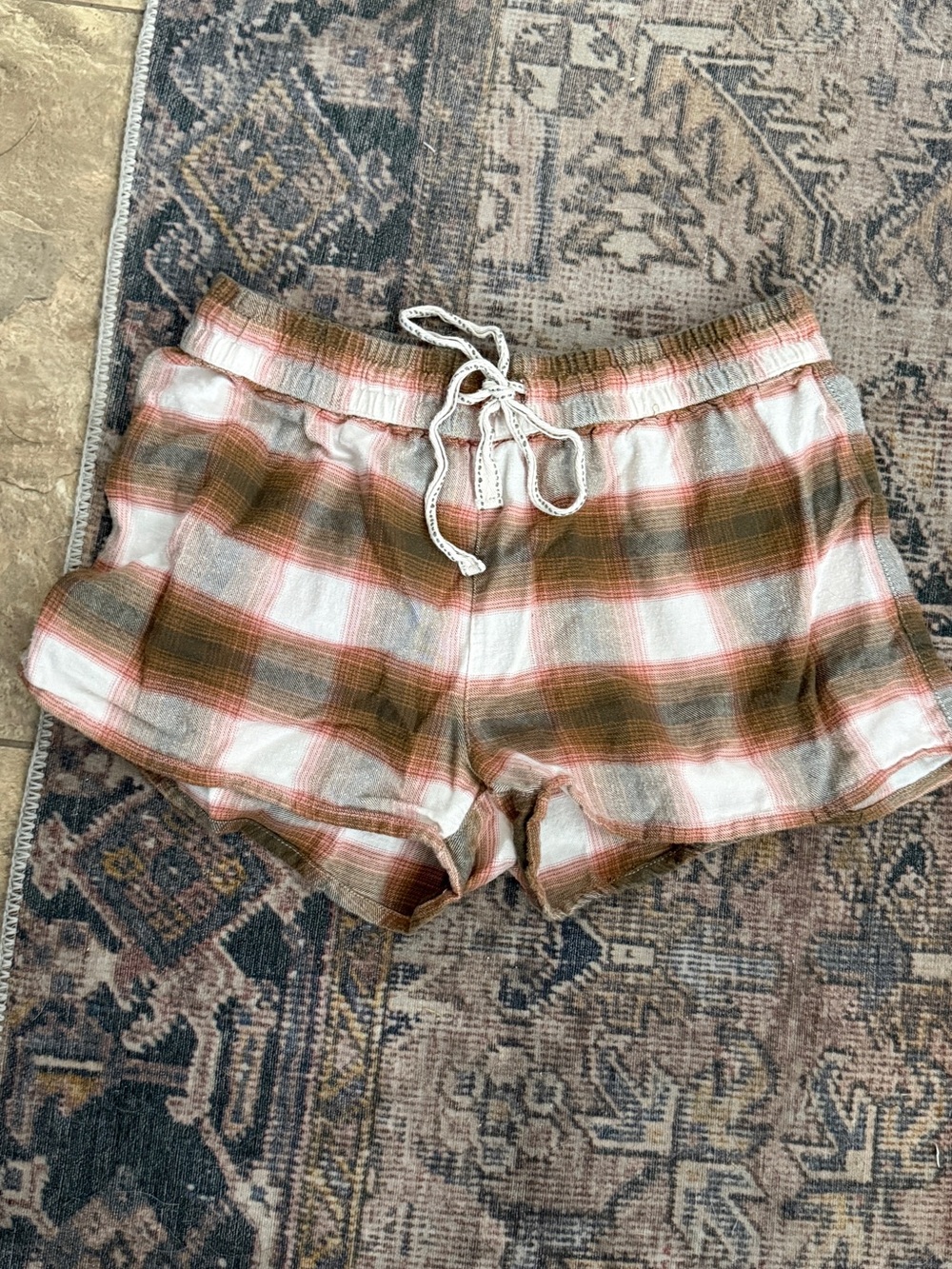PJ Salvage Women’s Plaid Drawstring Shorts - White, Brown & Pink